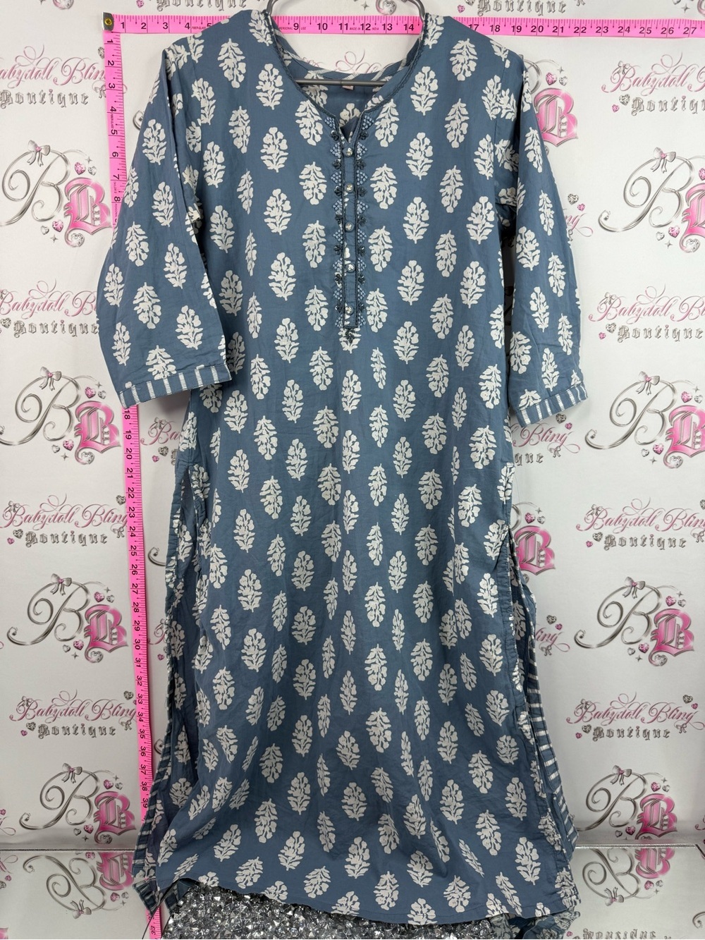 Dress long style Blue Block Print Tunic Dress with White Leaf Pattern